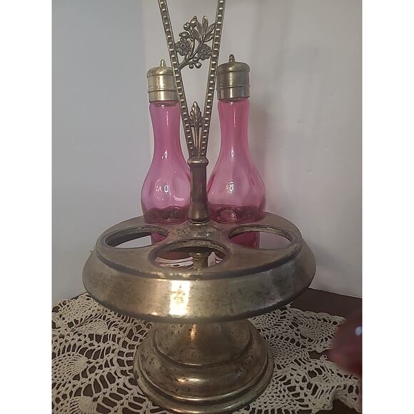 Vintage Cruet Simpson Hall Miller Quad Silverplate Cranberry Cut Glass Decor DIY - Picture 9 of 16